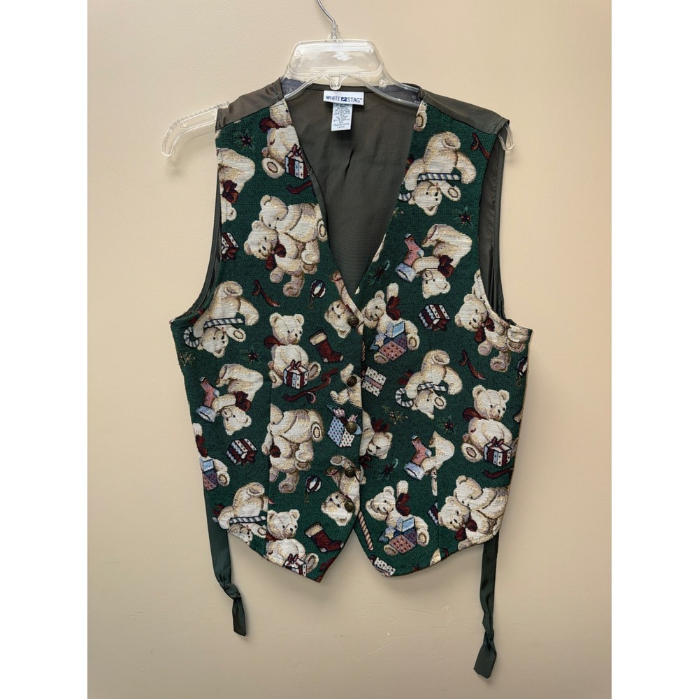 White Stag Vintage Christmas Teddy Bear Tapestry Vest Green Women Large
